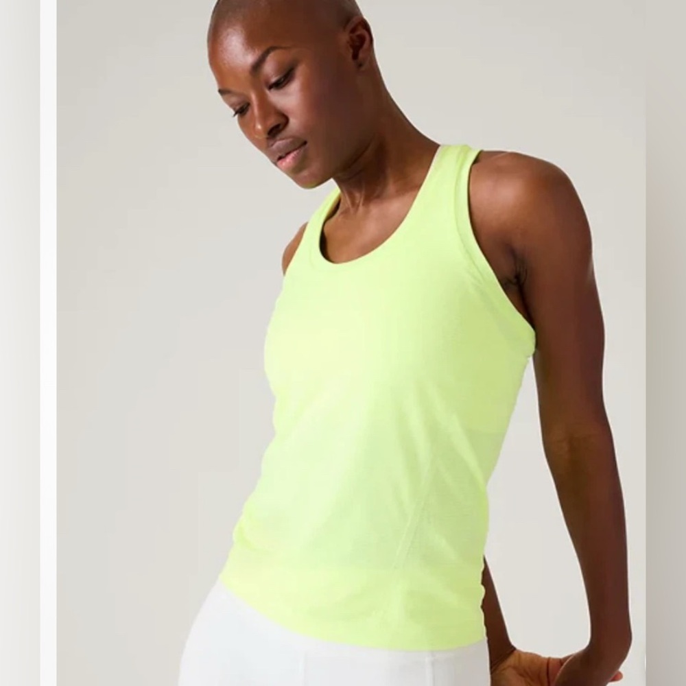 Athleta Neon Momentum Seamless yellow-green Racerback striped Tank Top sz L - Picture 1 of 6